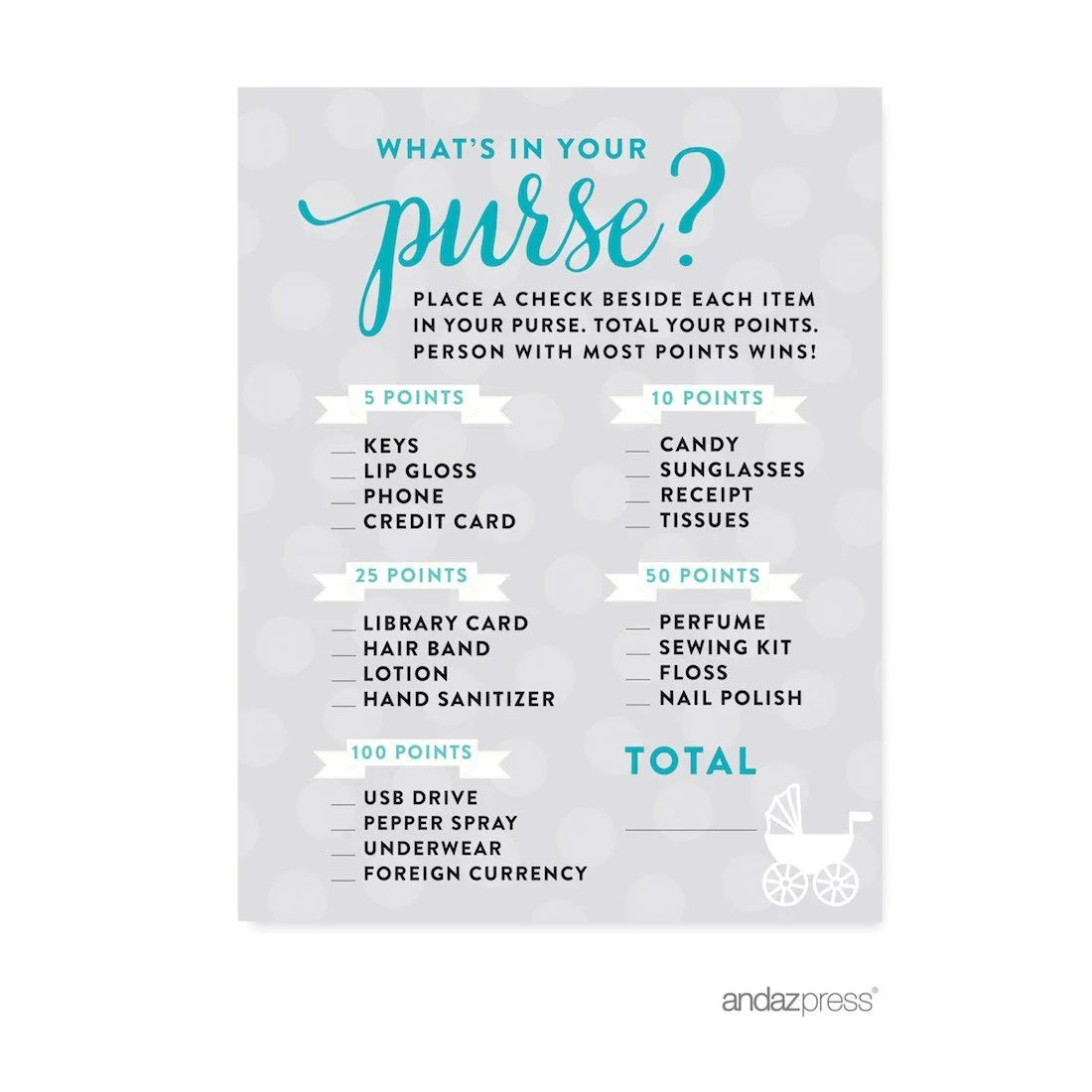 What'S in Your Purse? Baby Shower Game, 20-Pack
