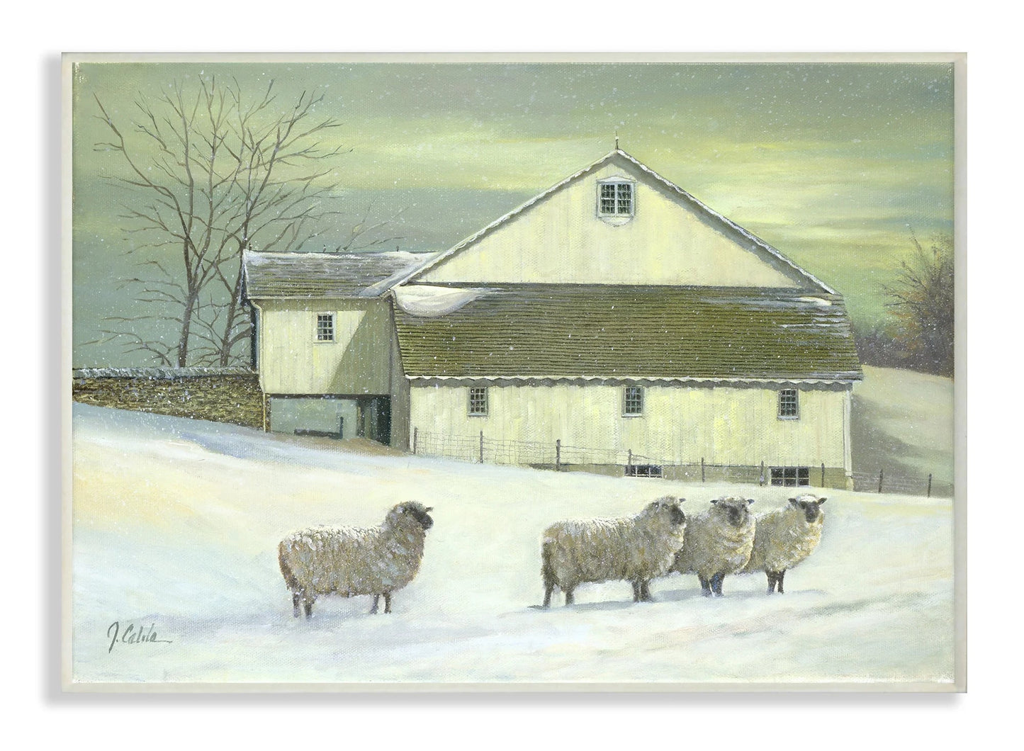 The Stupell Home Decor Sheep in Front of the Farmhouse Green Toned Painting Wall Plaque Art