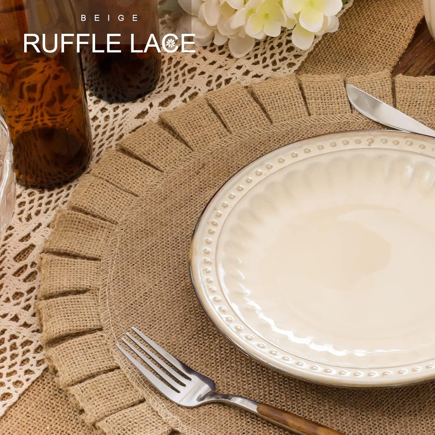 Burlap round Braided Placemats Set of 6 for Dining Tables 15 Inch Heat Resistant Jute Table Mats Farmhouse Woven Fabric Natural Place Mats for Fall Decoration(Ruffled Lace)