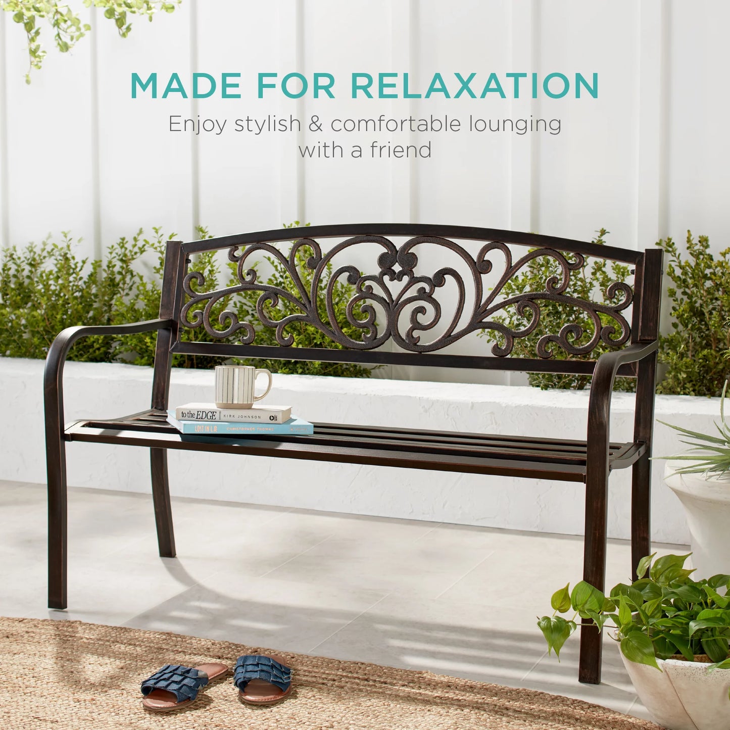 Outdoor Steel Bench Garden Patio Porch Furniture W/ Floral Design Backrest - Black