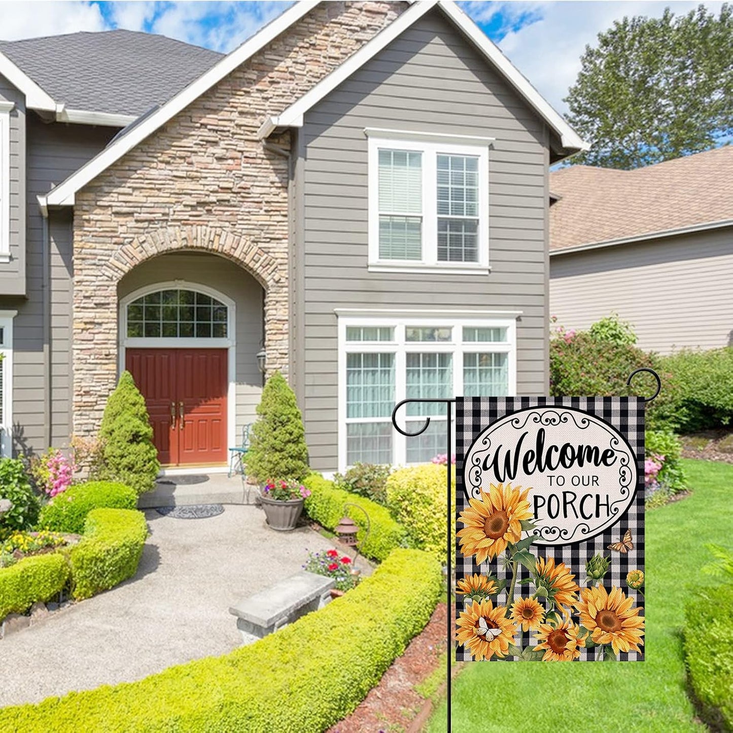 Home Decorative Welcome to Our Porch Spring Summer Sunflower Garden Flag, Black White Buffalo Plaid Check Yard outside Decoration, Fall Autumn Farmhouse Outdoor Small Decor 12 X 18