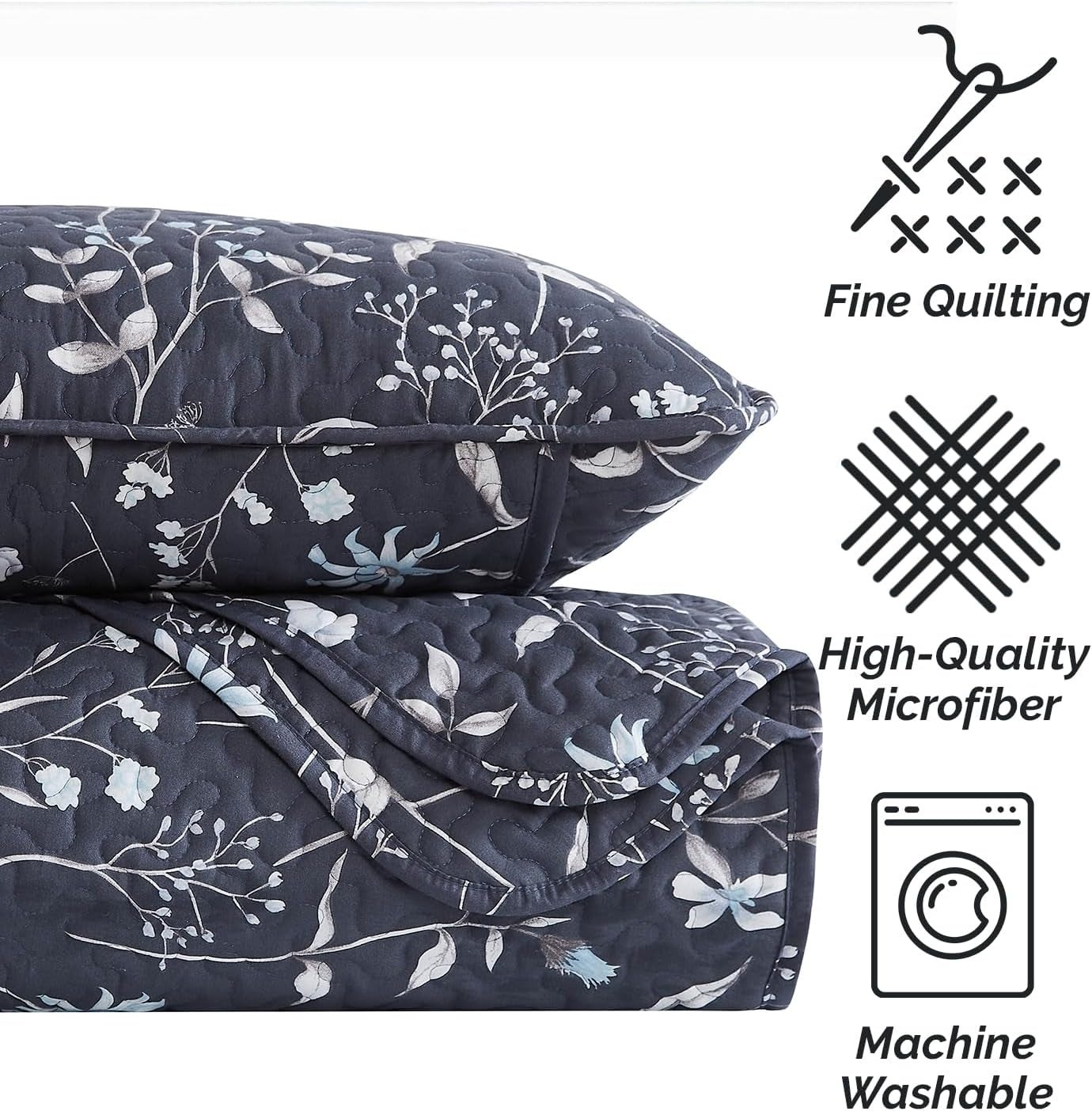 Oversized Queen Size Quilt Bedding Set, All Season Lightweight Bedspread, Boho Coverlet Full Size, Floral Bedding 3-Piece Set with Two Matching Shams, Full/Queen, Blue