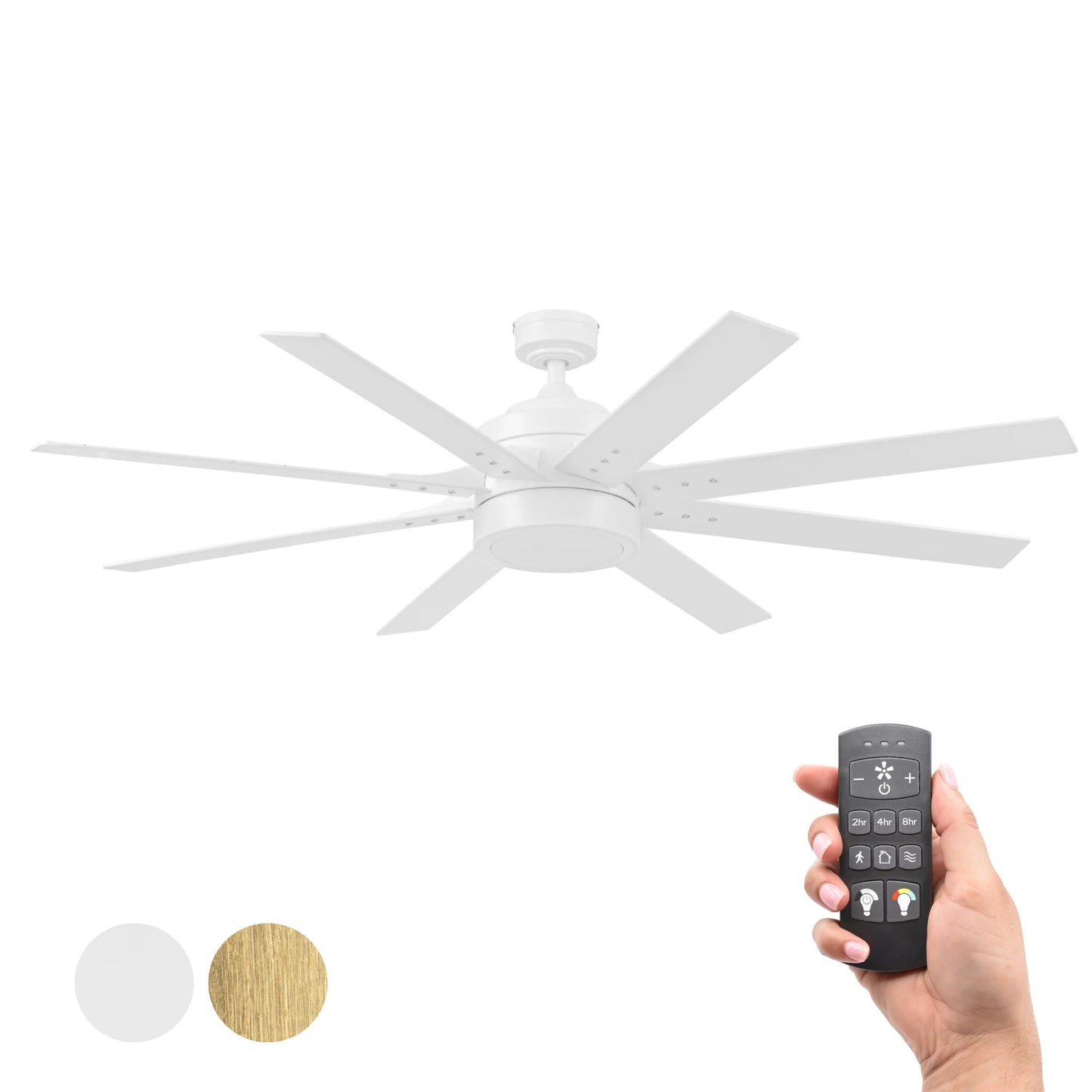 62" White Large Room Indoor Ceiling Fan with Light, 8 Blades, Remote & Reverse Airflow