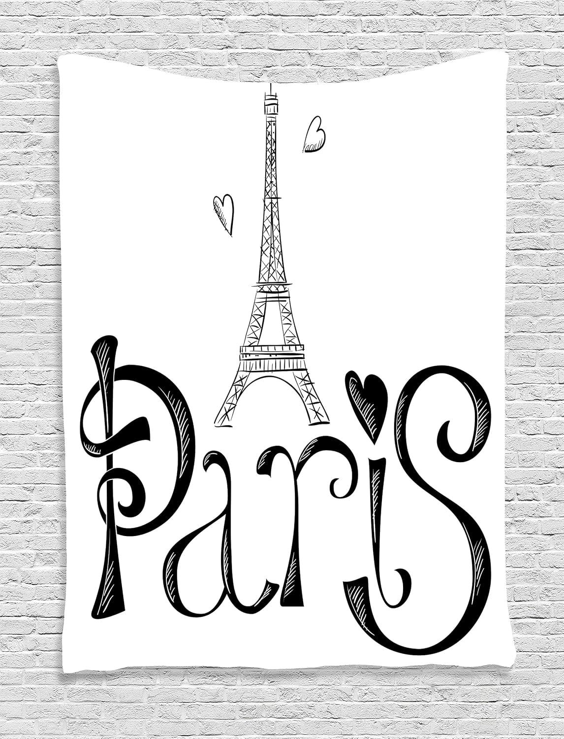 Paris Tapestry, Illustration with Eiffel Tower France Heart Shapes Silhouette Vacation Theme Art, Wall Hanging for Bedroom Living Room Dorm Decor, 40" X 60", White and Black