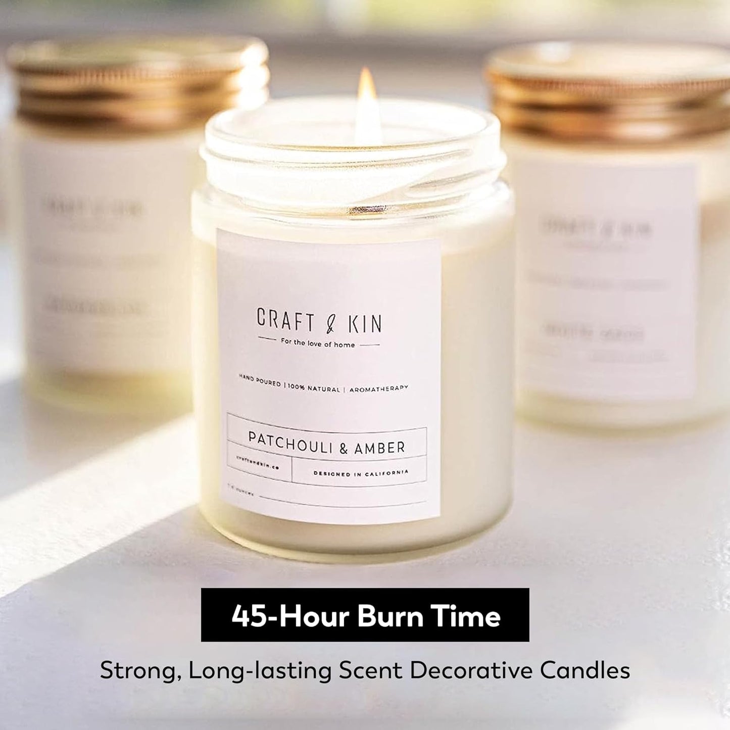 Patchouli & Amber Scented Candles 8 Oz 45 Hour Long Lasting Summer Candles | Wooden Wick Candles | Men Candles for Bedroom, All Natural Soy Candles Scented, Relaxing Aromatherapy Candles