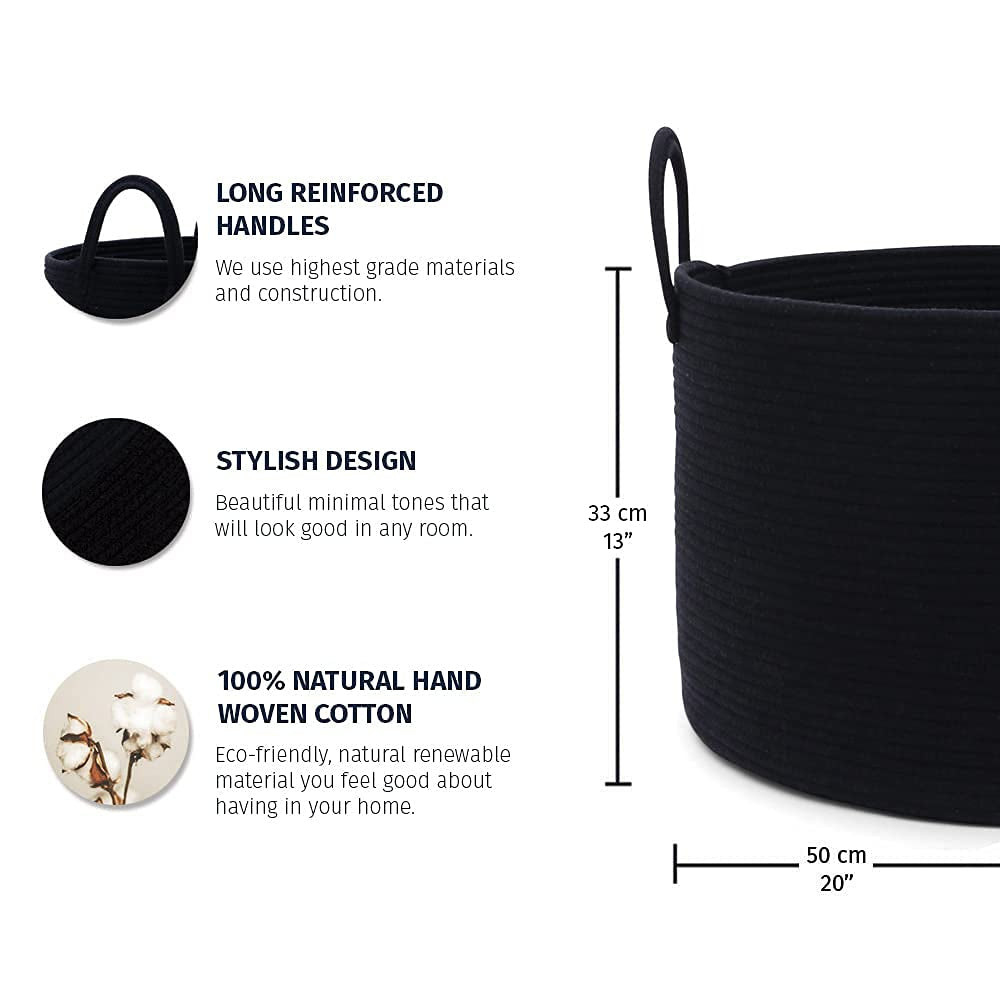 Black Basket for Storage 20X13, Big Basket for Blankets for Living Room, round Laundry Basket & Blanket Holder for Bedroom, Boho Blanket Basket, Pillow Basket & Toy Basket