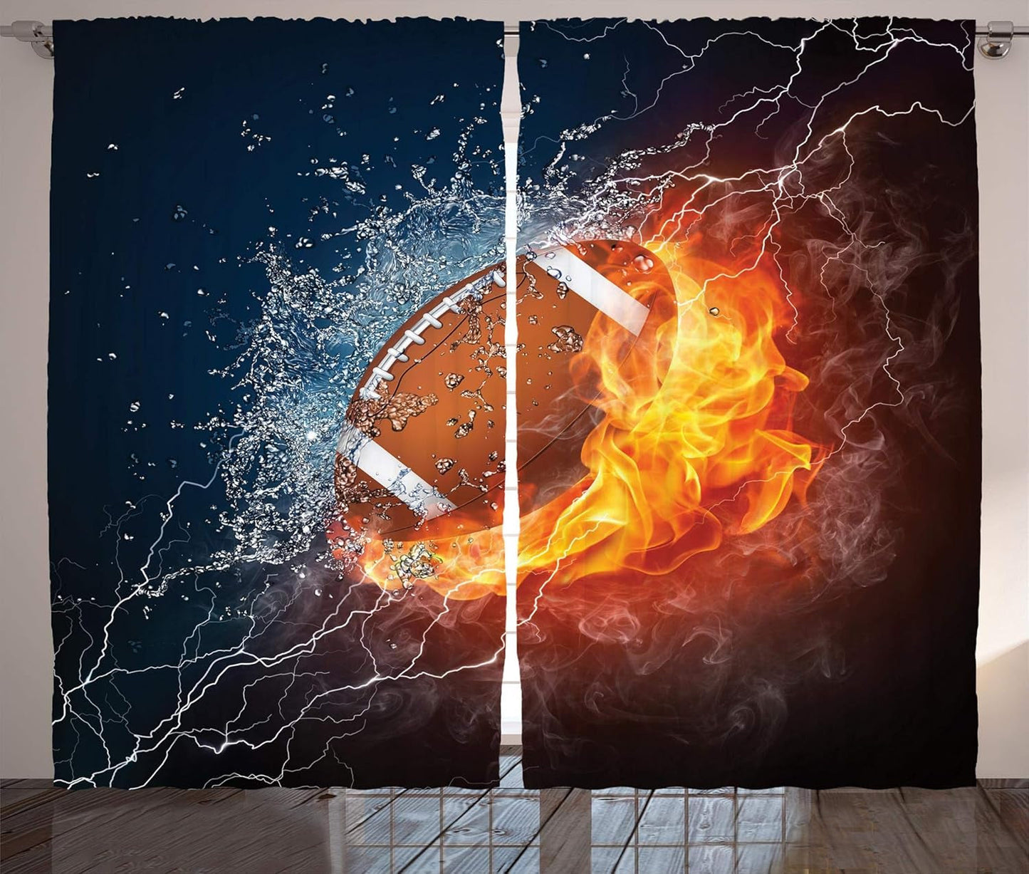 Sports Curtains, Football on and Water Splashing Thunder Bolt Abstract Conceptual Art, Living Room Bedroom Window Drapes 2 Panel Set, 108" X 90", Navy Orange