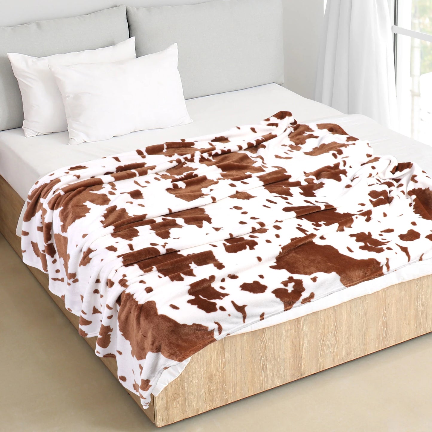 Cow Printed Soft 300GSM Flannel Throw Blanket Sofa Bed Brown 59" X 79"