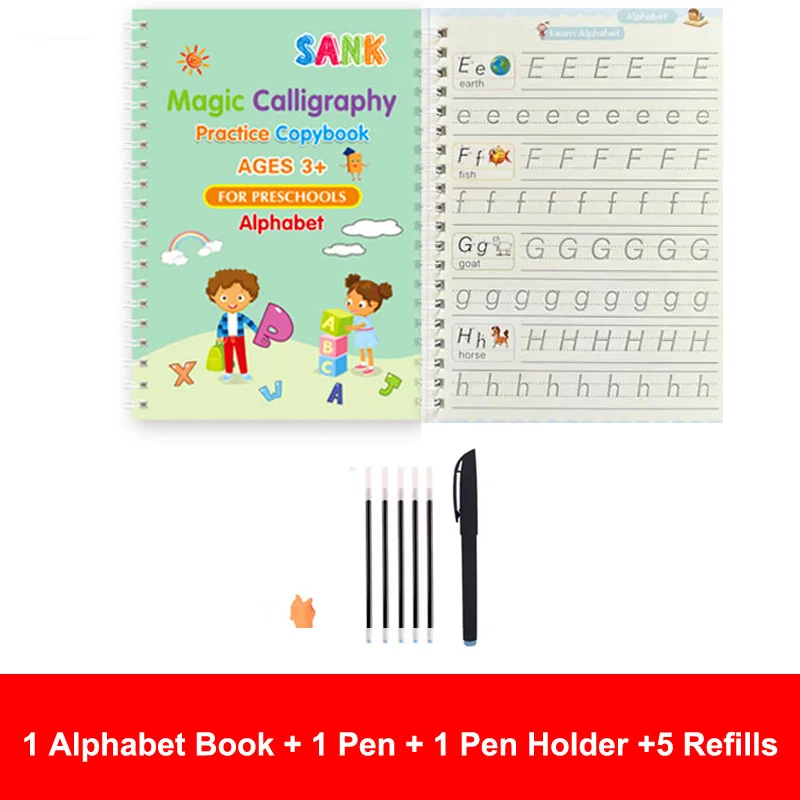 4Pcs Sank Magic Practice Copybook Pen Preschools Kids Calligraphy English Verison Free Wiping Children Reusable Writing Book