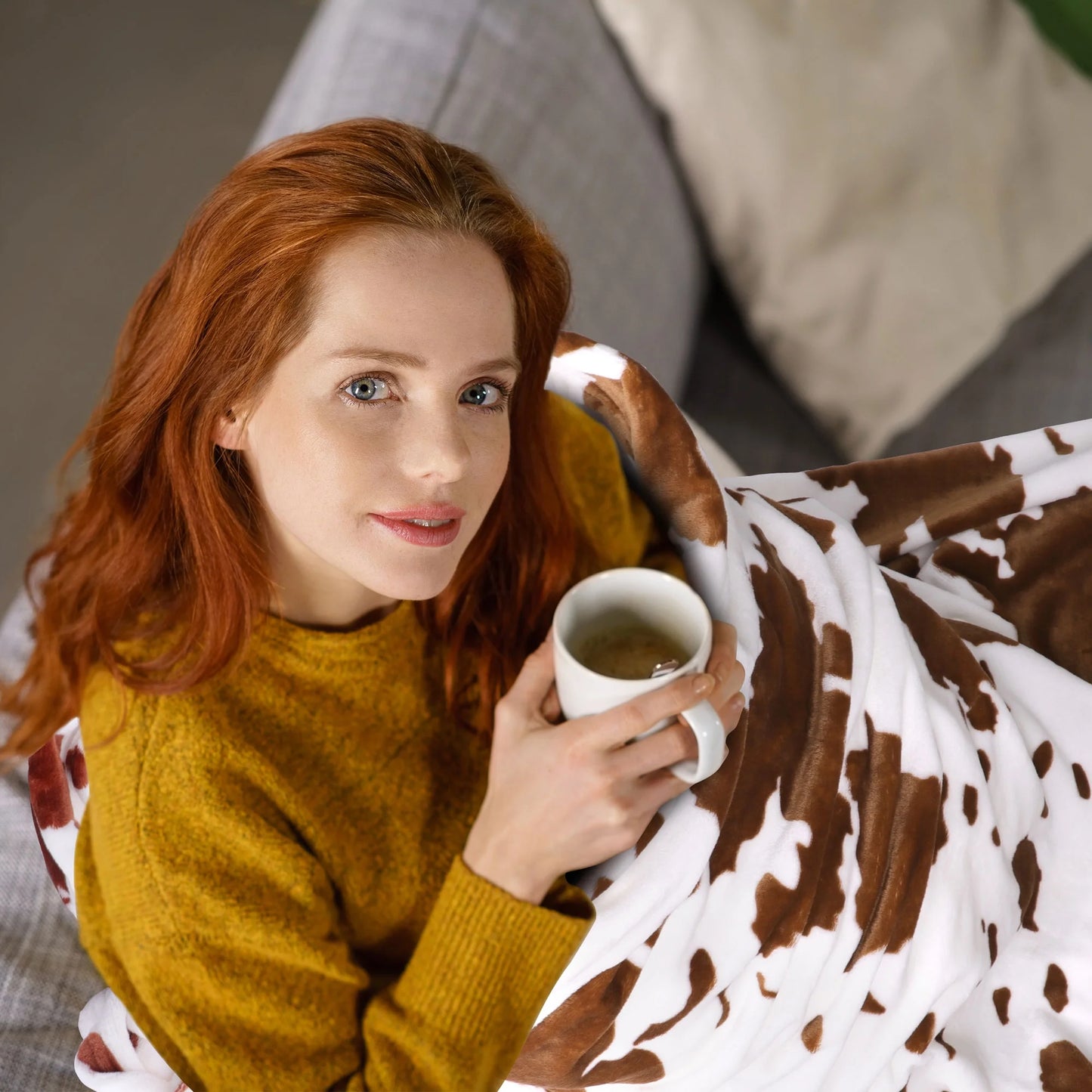 Cow Printed Soft 300GSM Flannel Throw Blanket Sofa Bed Brown 59" X 79"