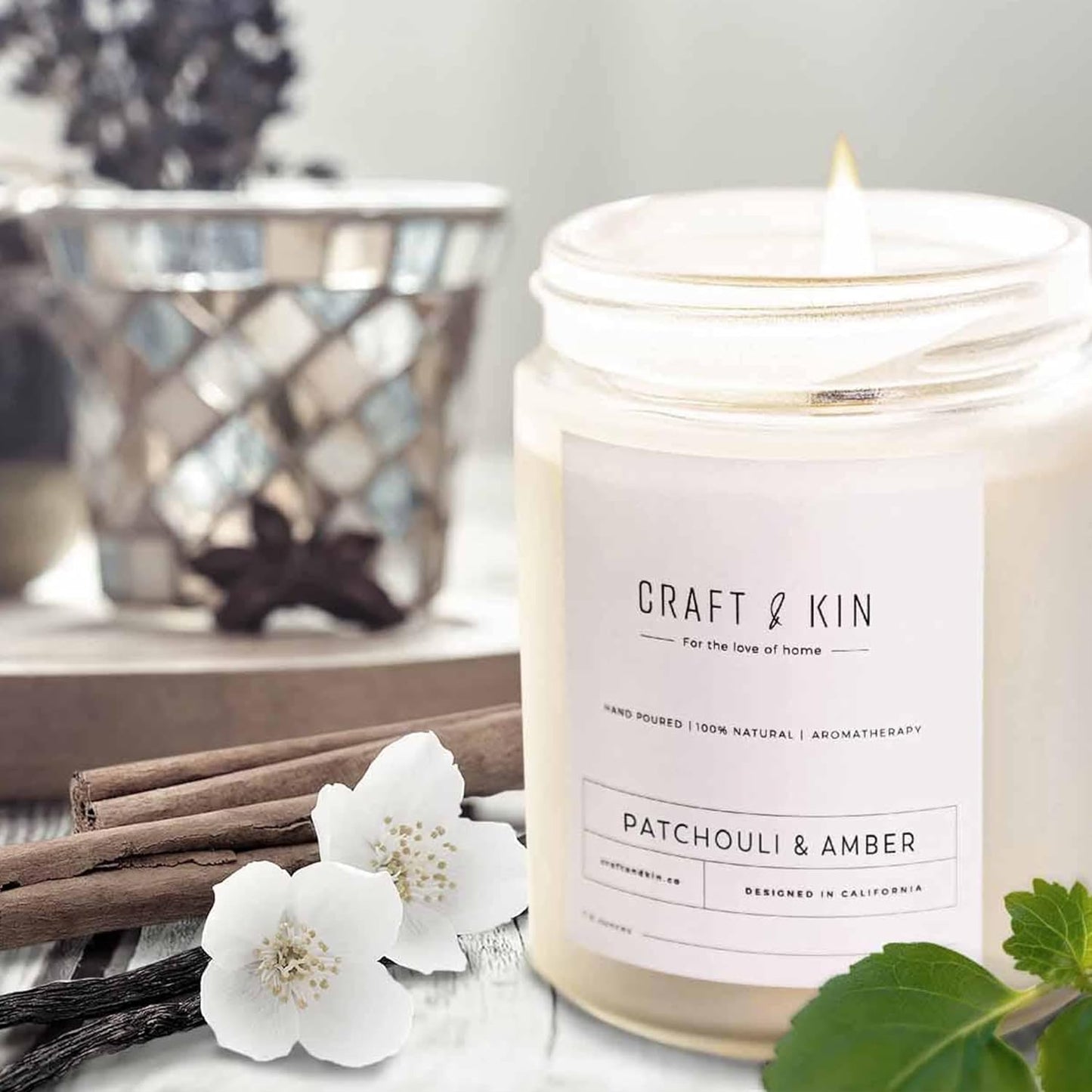Patchouli & Amber Scented Candles 8 Oz 45 Hour Long Lasting Summer Candles | Wooden Wick Candles | Men Candles for Bedroom, All Natural Soy Candles Scented, Relaxing Aromatherapy Candles