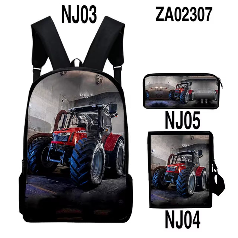 3Pcs/Set Tractor Pattern Backpack 3D Print School Bag Sets for Teenager Boys Girls Cartoon Kids Schoolbag Children Mochilas