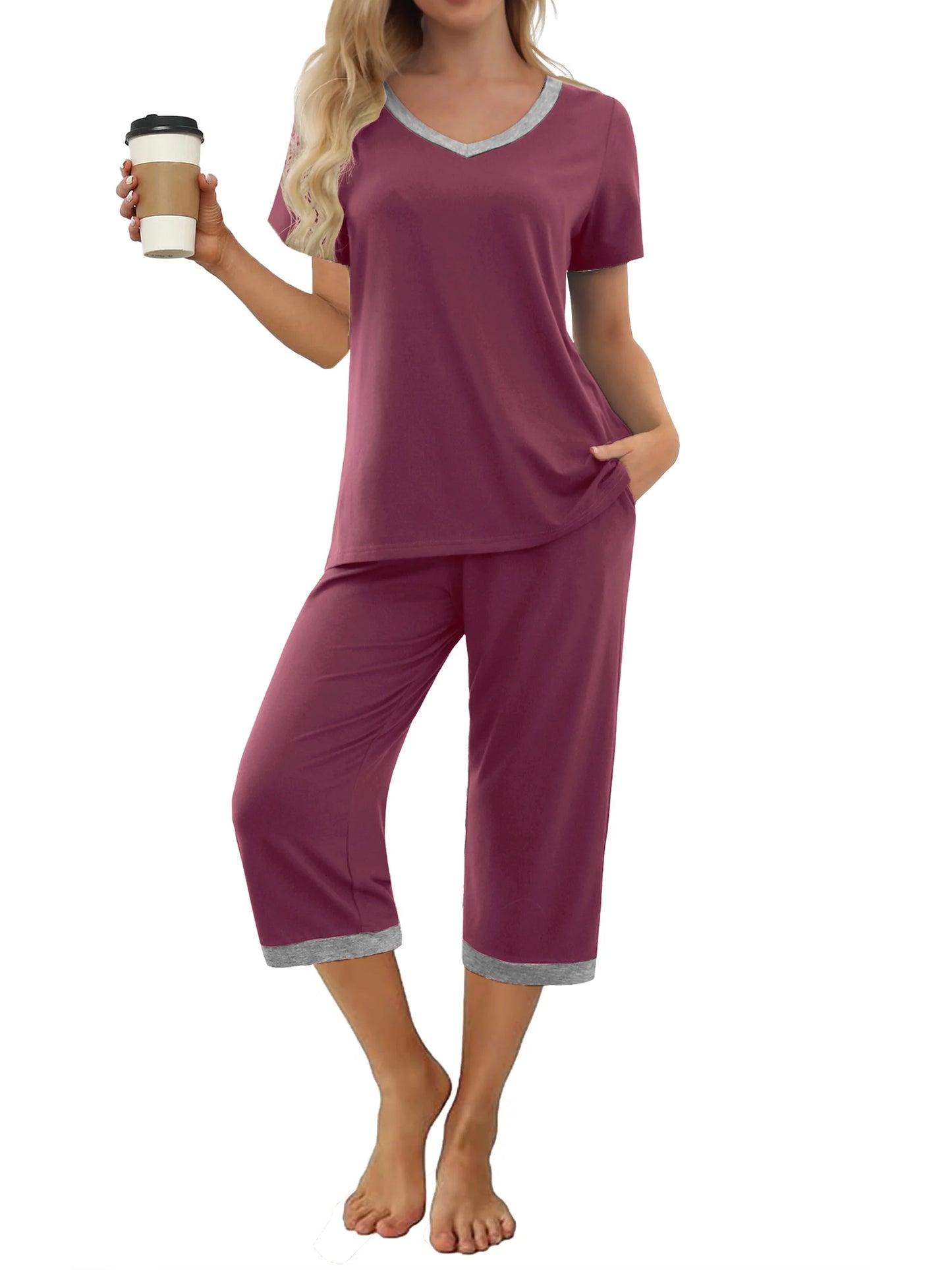 Women'S Pajama Sets Short Sleeve Shirt and Capri Soft Pajama Sets with Pockets