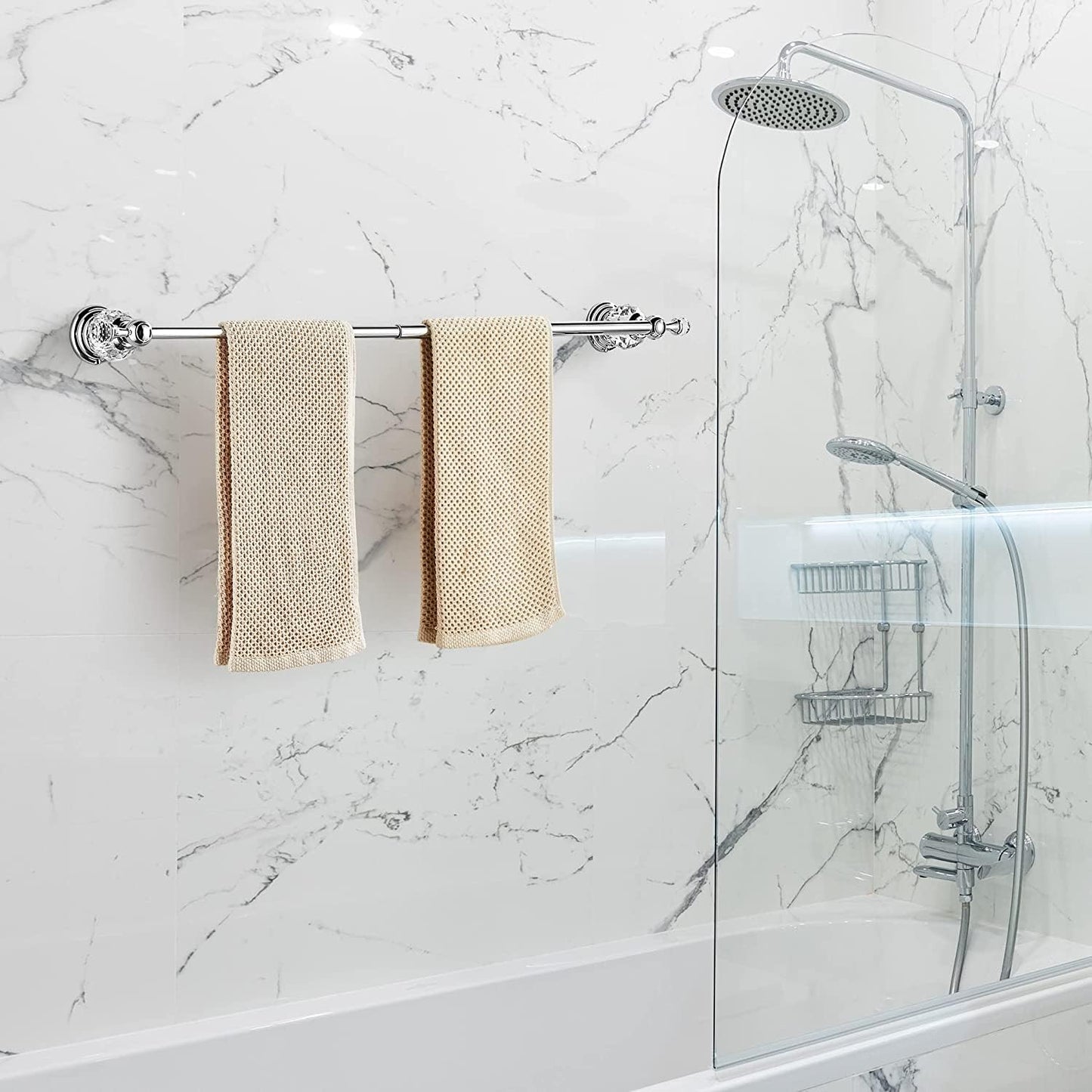 Crystal Bathroom Hardware Set, Chrome Bathroom Accessories Silver Towel Ring Towel Bar Toilet Paper Holder Coat Hooks Wall Mounted Polished 4 Pieces with Crystal Ball Base Designed