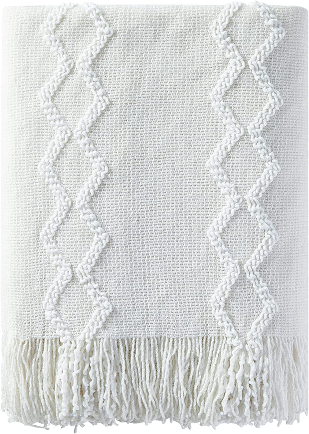 Fluffy Chenille Knitted Fringe Throw Blanket Lightweight Soft Cozy for Bed Sofa Chair Throw Blankets, Cream White 50" X 60"