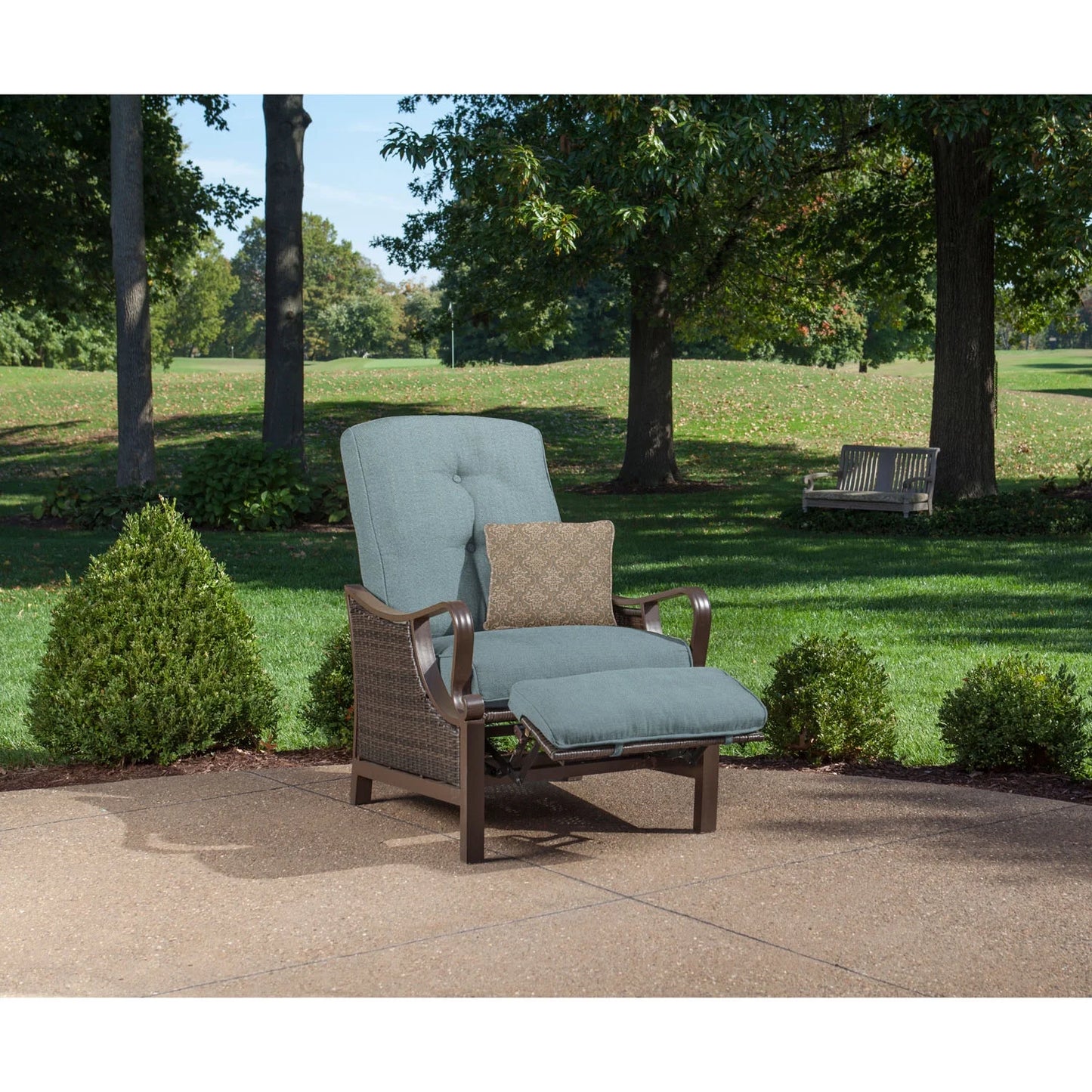 Ventura Steel Outdoor Patio Woven Luxury Recliner with Brown Wicker, Ocean Blue Cushions and Pillow, VENTURAREC-BLU