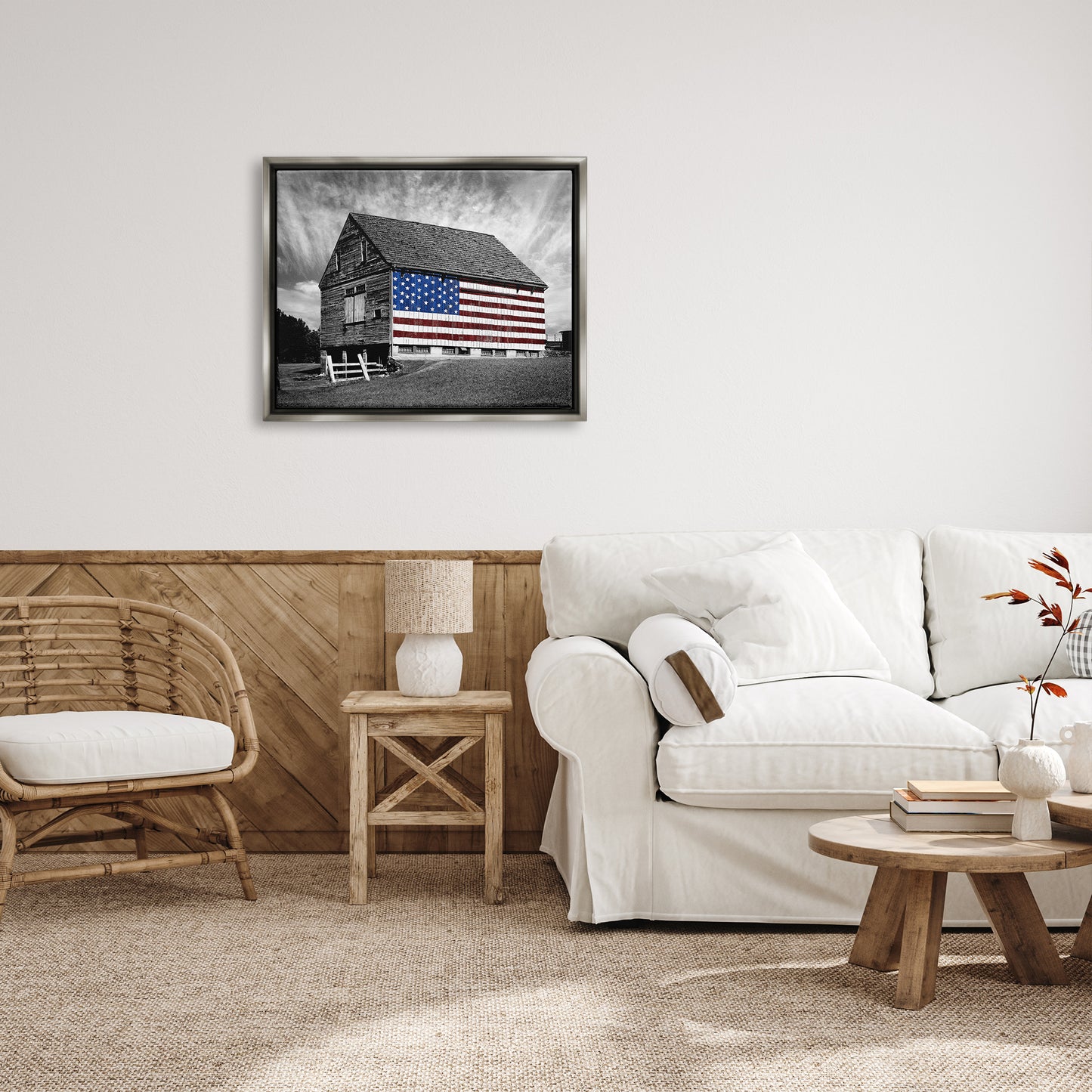 Black and White Farmhouse Barn American Flag Luster Gray Framed Floating Canvas Wall Art, 24X30, by James Mcloughlin