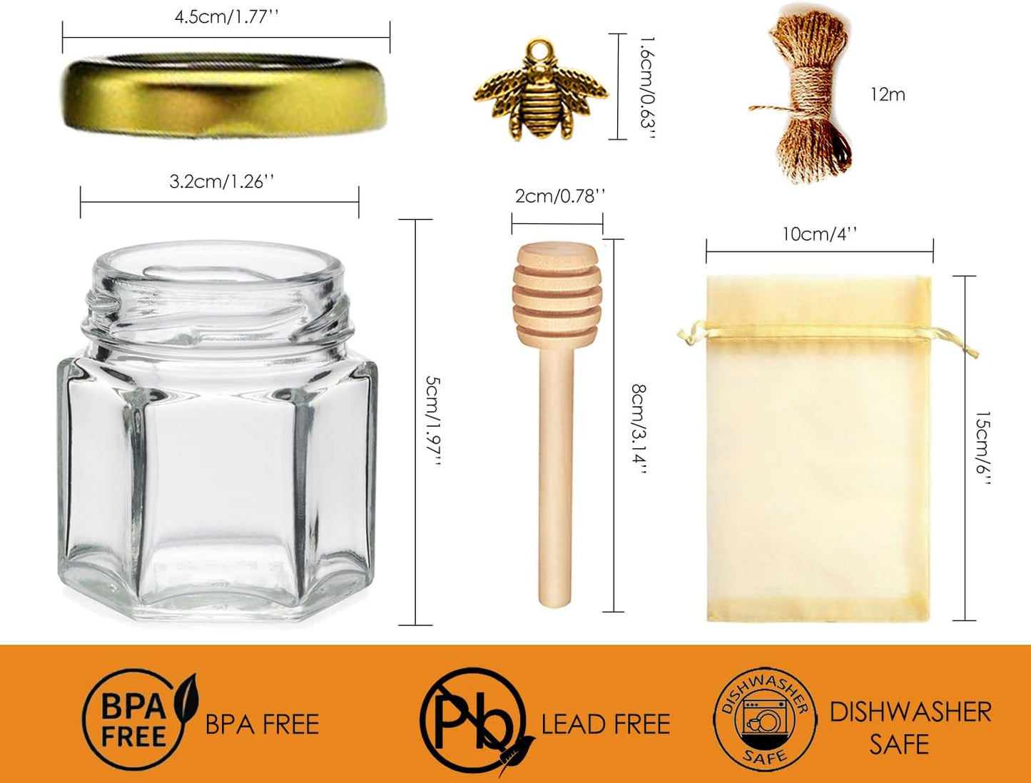20 Pack Mini Honey Jars with Dipper - Mini Honey Jars for Baby Showers & Wedding Gifts - Gold Lids, Bee Pendants, Jutes and Gift Bags