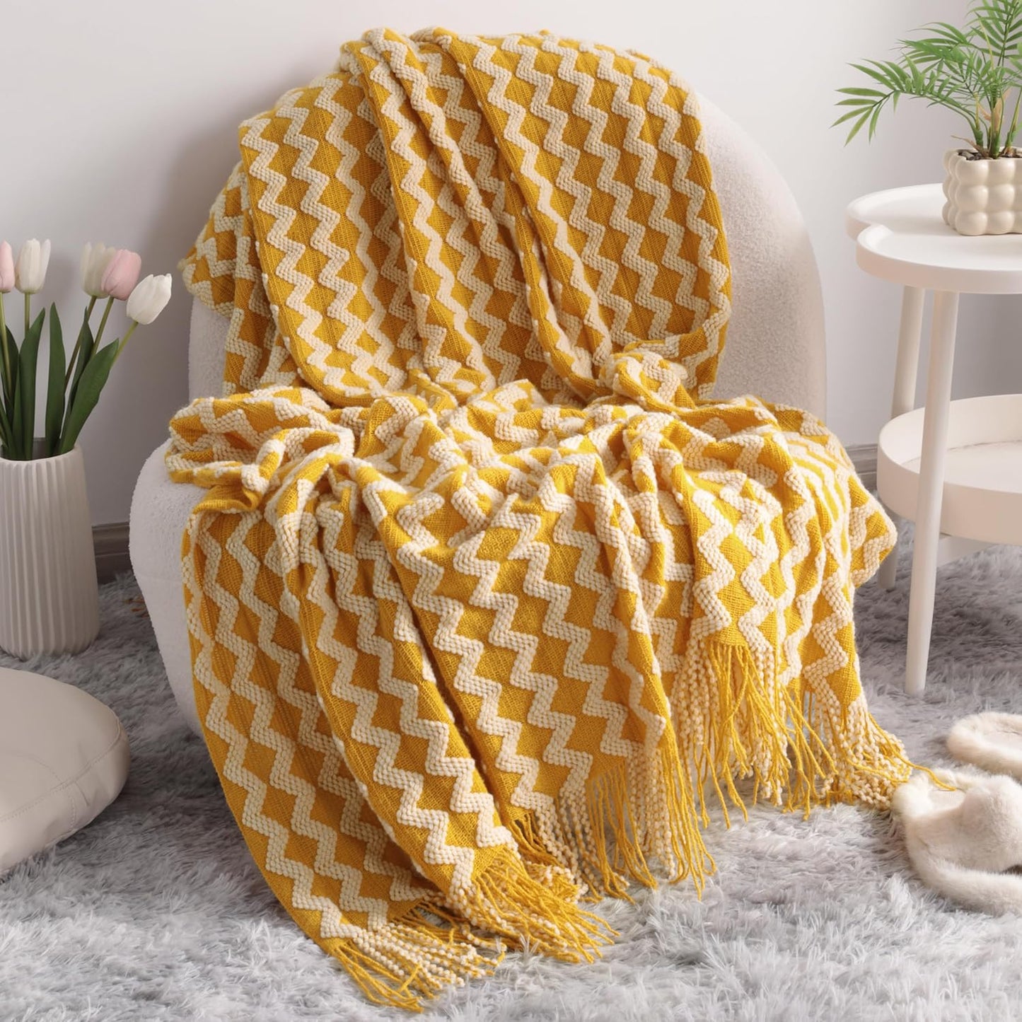 Acrylic Knitted Throw Blanket, Lightweight and Soft Cozy Decorative Woven Blanket with Tassels for Travel, Couch, Bed, Sofa, 51X67 Inches, Taupe Checkered