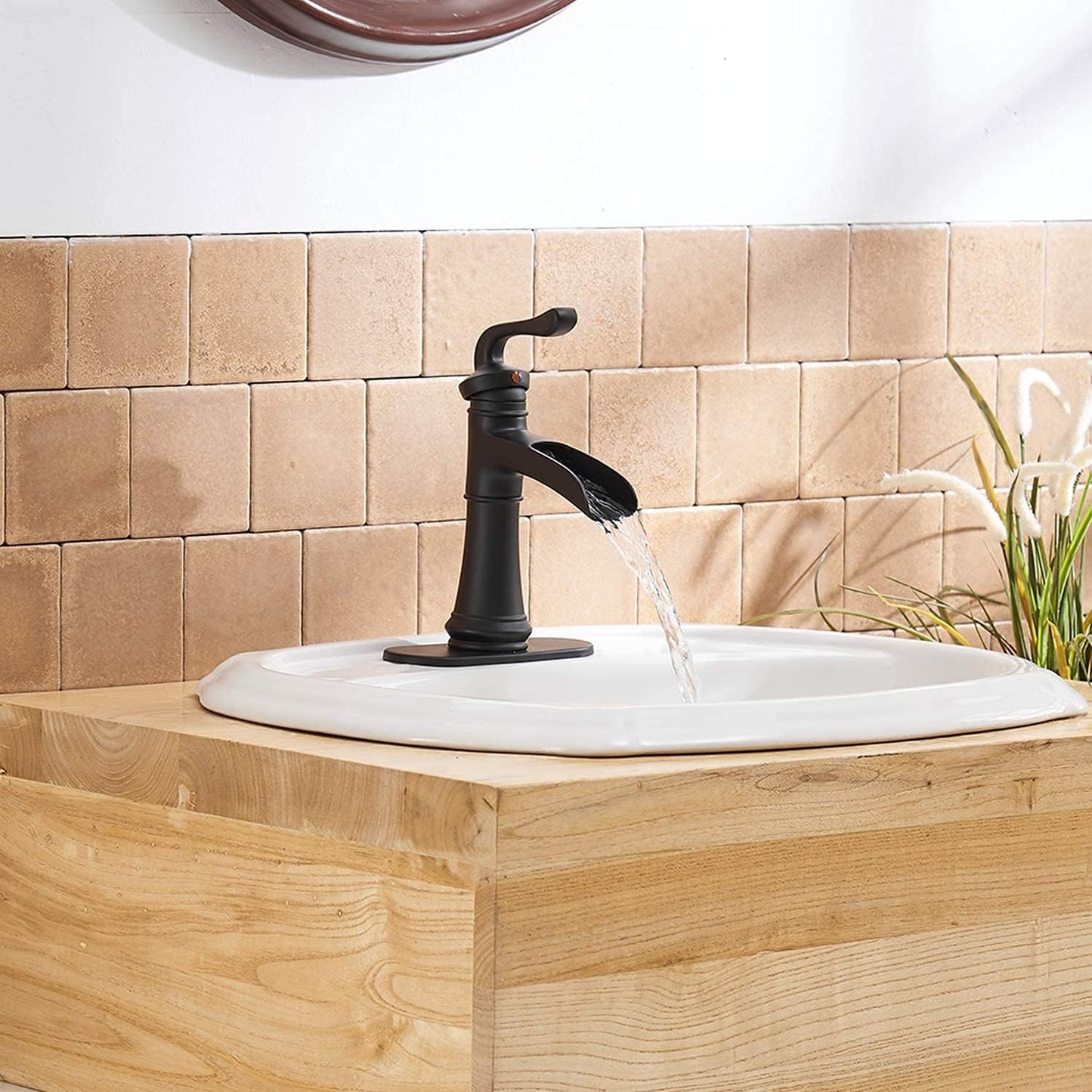Matte Black Bathroom Faucet Waterfall Sink Faucets & Parts with Drain Stopper, Solid Brass Construction, Easy Installation, Lead-Free