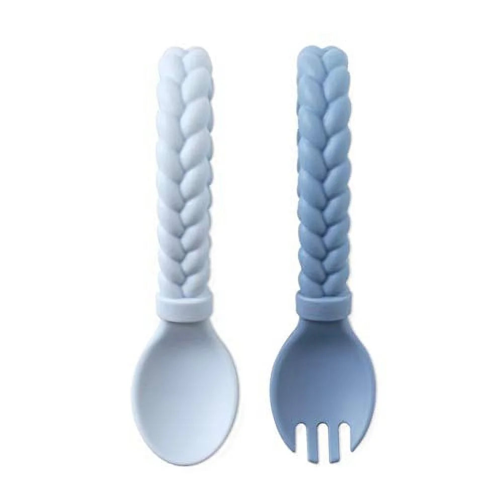 Silicone Spoon & Fork Set; Baby Utensil Set Features a Fork and Spoon with Looped, Braided Handles; Made of 100% Food Grade Silicone & Bpa-Free; Ages 6 Months and Up, Blue
