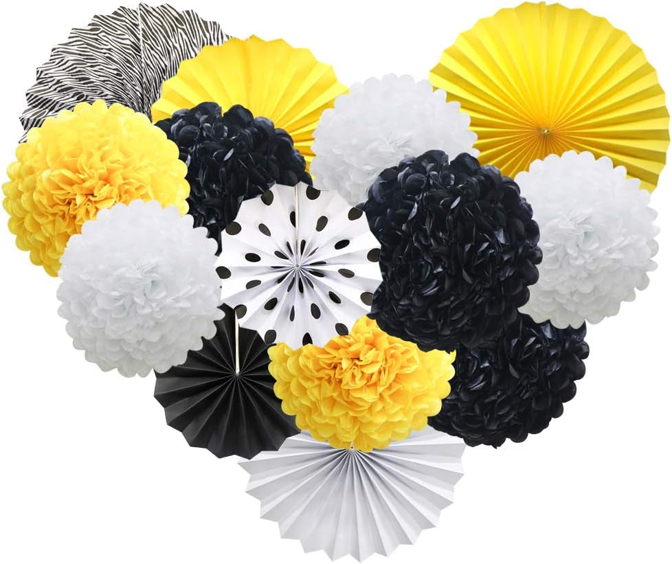 Yellow White Black Hanging Paper Party Decorations, round Paper Fans Set Paper Pom Poms Flowers for Bee Baby Shower Decorations Batman Birthday Party