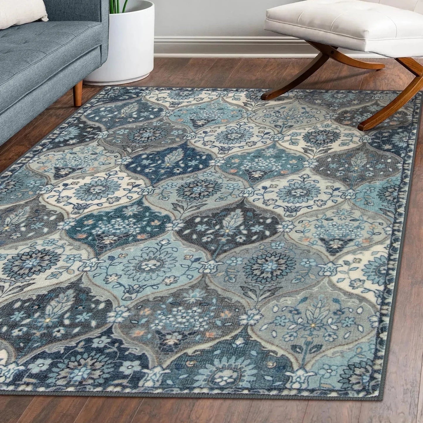 5'X7' Area Rug for Living Room Non-Slip Moroccan Indoor Washable Rug Ultra-Thin Foldable Soft Carpet Floral Accent Throw Rug for Kitchen Entryway Bathroom Bedroom Office Carpet,Grey