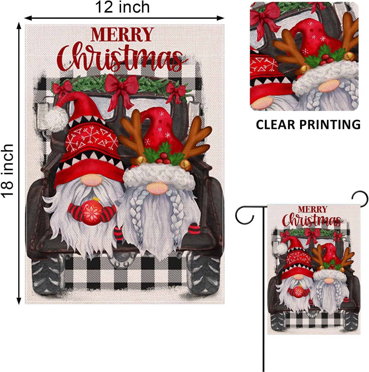 Home Decorative Merry Christmas Santa Gnome Garden Flag, House Yard Xmas Truck Antlers Black Buffalo Plaid Check outside Decoration, Winter Farmhouse Outdoor Small Flag Decor Double Sided 12X18