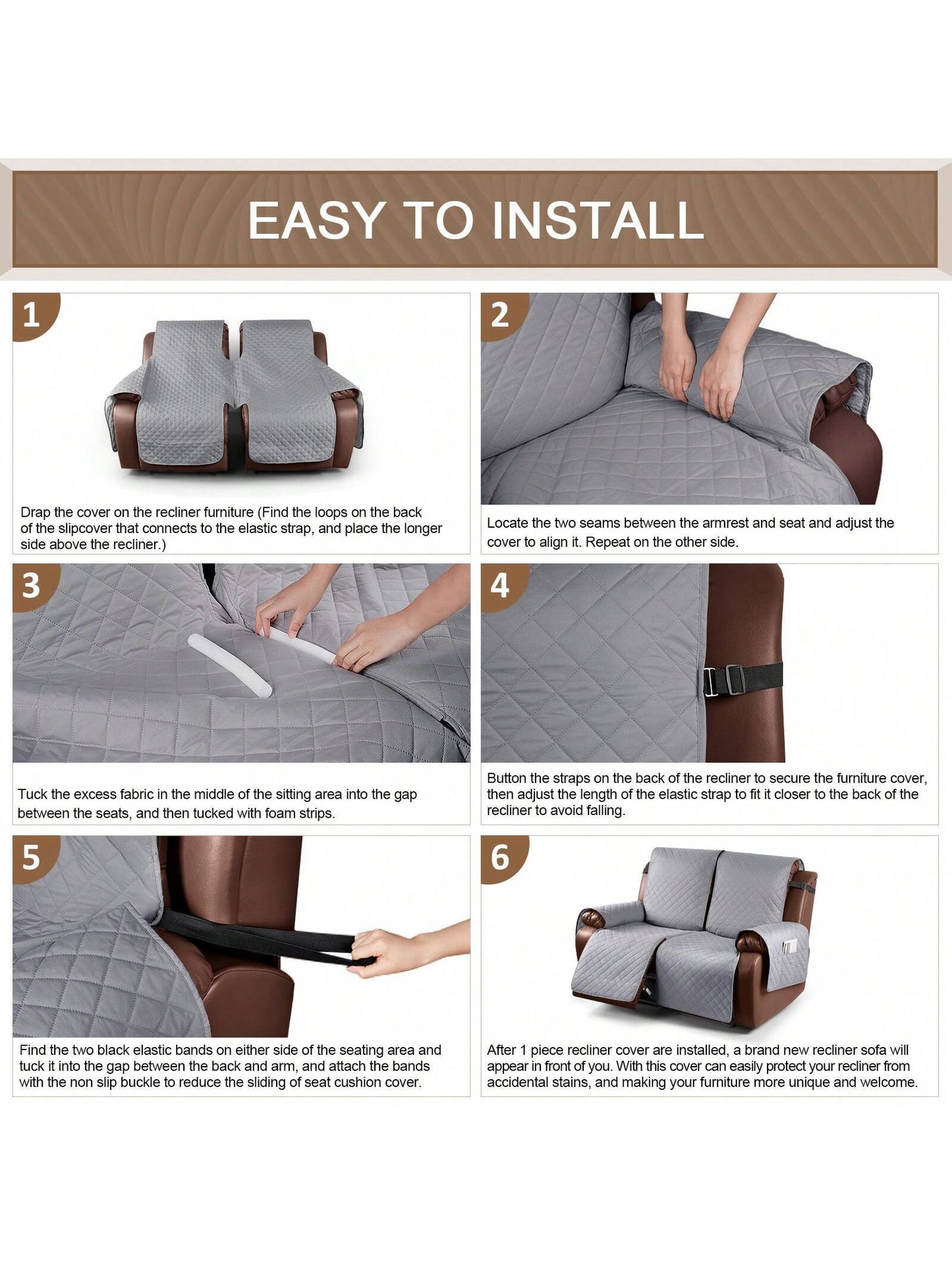 Waterproof Recliner Sofa Cover, Non-Slip Reclining Couch Covers for 1, 2 & 3 Seater, Recliner Couch Cover Furniture Protector with Elastic Straps for Pets, Kids