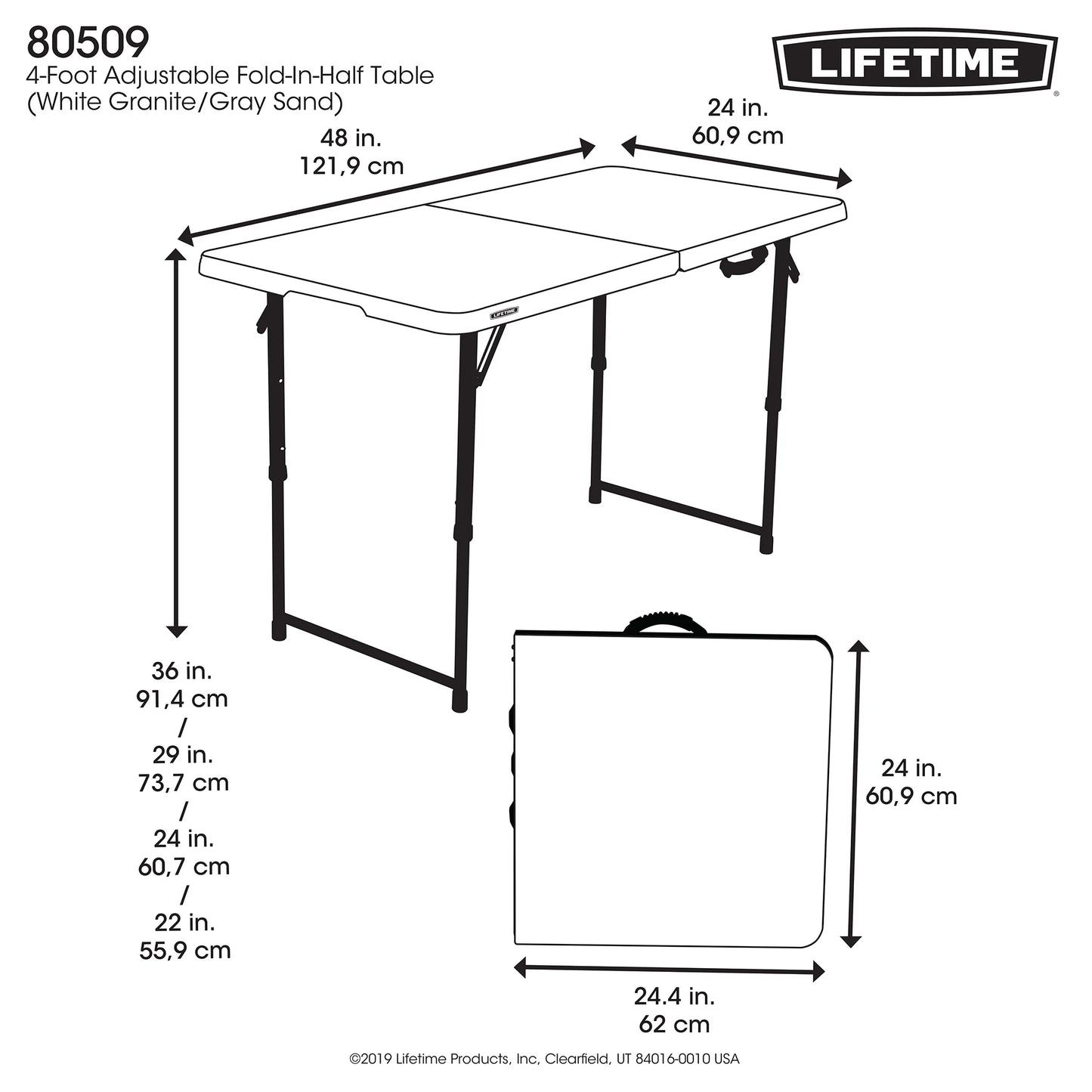 4 Foot Fold-In-Half Adjustable Height Table, Indoor/Outdoor Essential, White (80509)