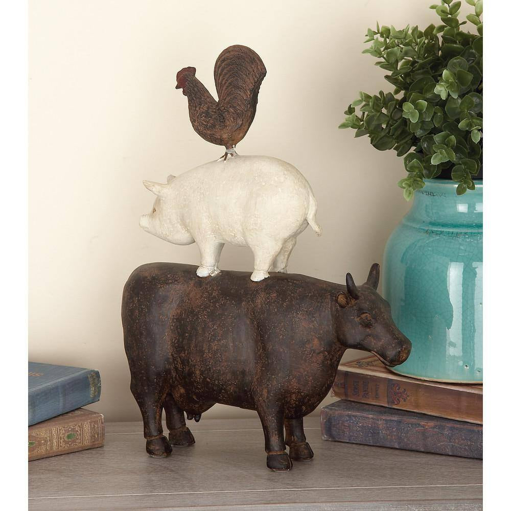 3 In. X 14 In. Brown Polystone Stacked Farm Animals Sculpture