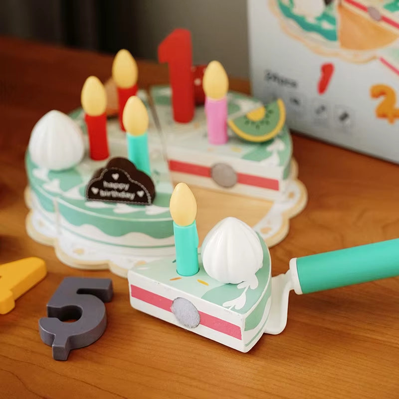 Kids Gifts Fashion Pretend Play Cutting Wooden Simulation Cream Strawberry Birthday Cake Toy with Candles Early Education