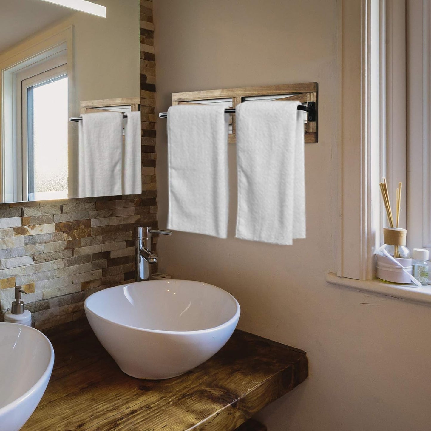 2PCS Rustic Towel Rack for Bathroom Wall Mounted, Wall Mounted Wood Hanging Bathroom Towel Holder and Organizer for Kitchen Storage Organizer Rack, Bathroom Towels, Robes, Clothing (Brown)