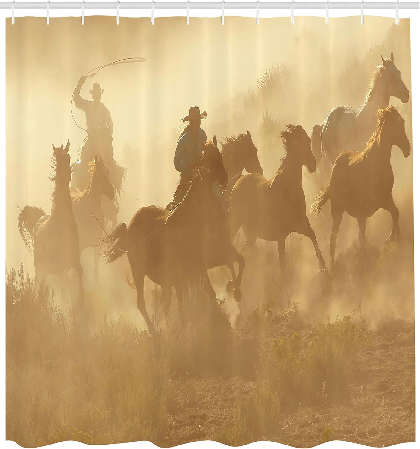 Western Shower Curtain, Galloping Running Horses in Desert 2 Cowboys Roping Dusty Wild Rural Countryside, Cloth Fabric Bathroom Decor Set with Hooks, 69" W X 75" L, Pale Brown