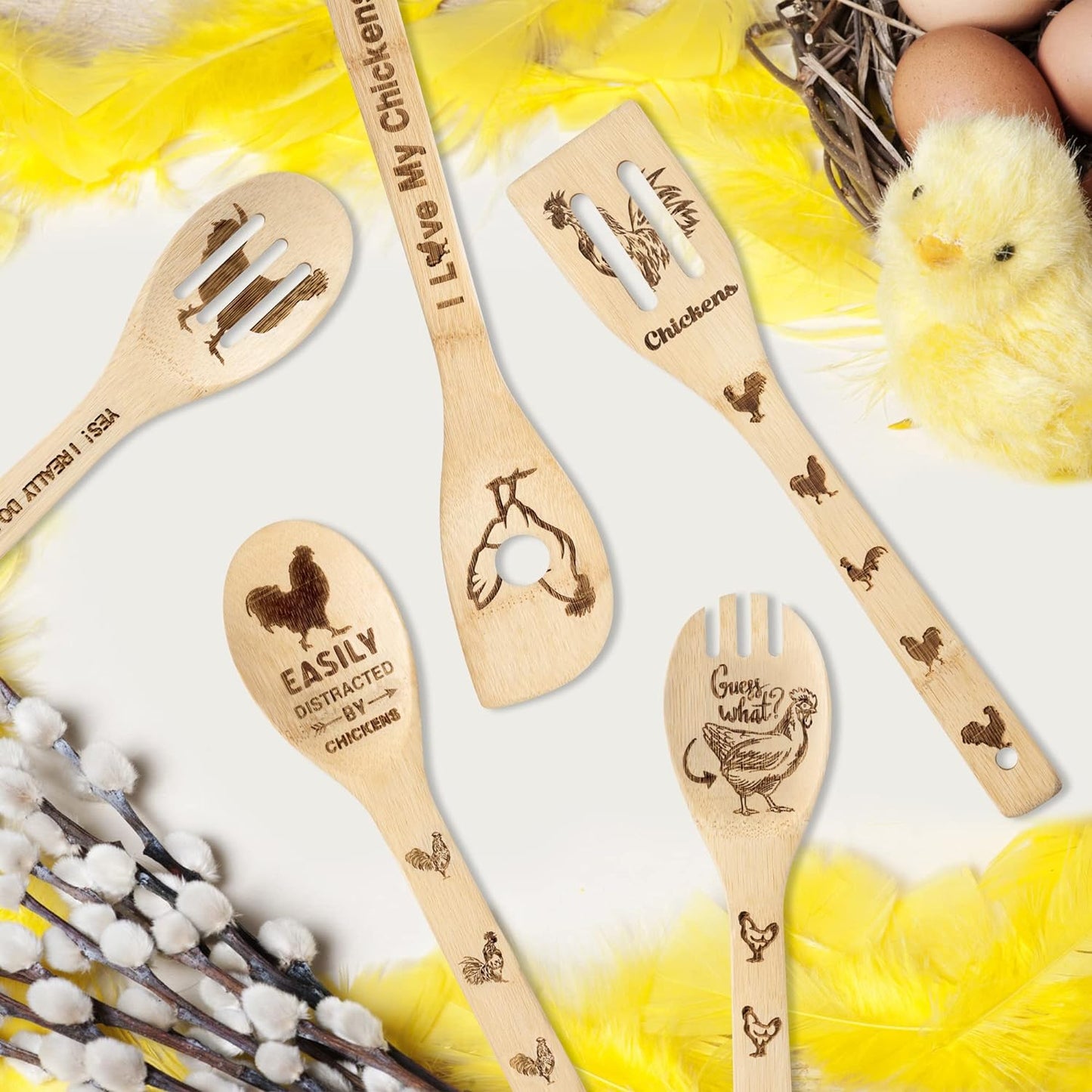 5Pcs Rooster Chicken Wooden Spoons Utensils Set Non-Stick Cooking Carve Burned