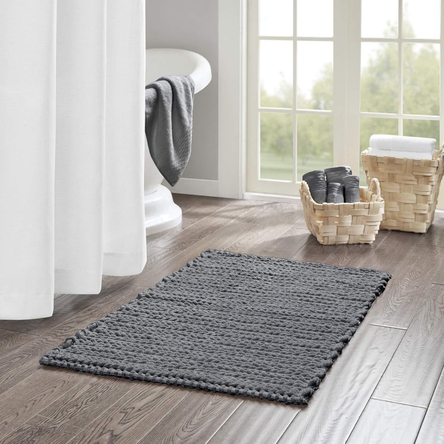 Lasso 100% Cotton Chenille Chain Woven Stitch Bathroom Rug - Non Slip - Absorbent, Quick Dry Bath Mat, 24X40, Charcoal
