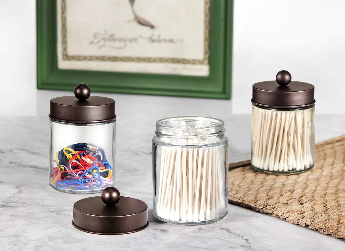4Pc Apothecary Jars Bathroom Vanity Storage Organizer Set -Countertop Canister with Stainless Steel Lids &Cute Stickers - Qtip Dispenser Holder for Qtips,Cotton Swabs,Makeup Sponges (Bronze)