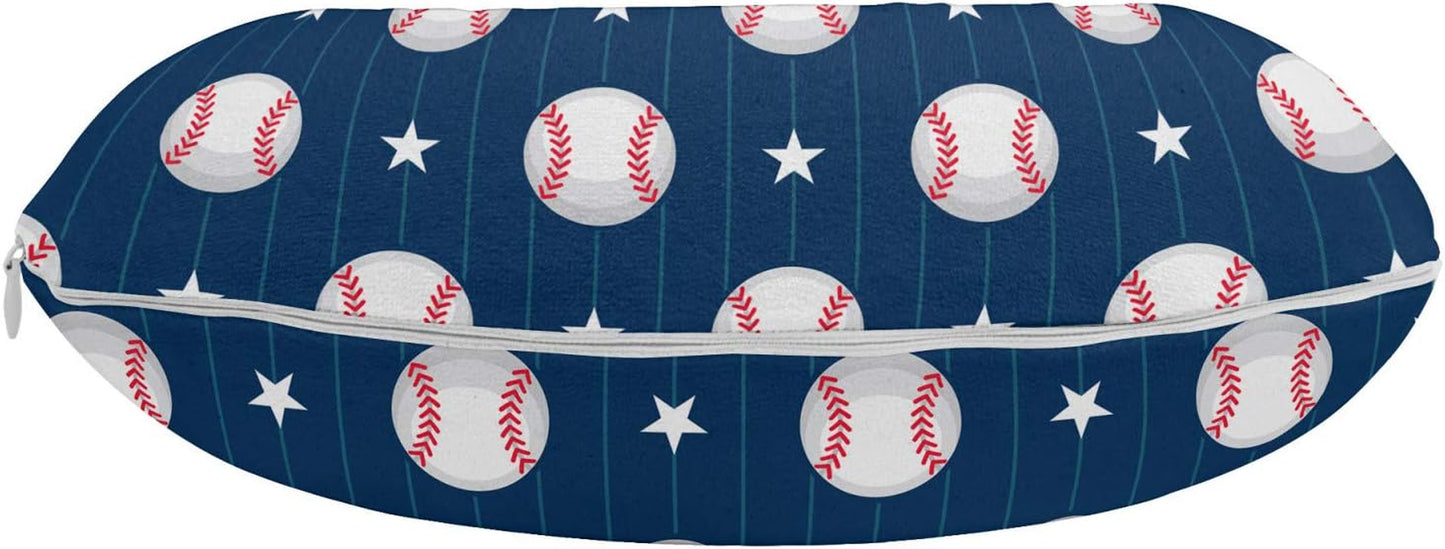 Sports Travel Pillow Neck Rest, Baseball Patterns on Vertical Striped Background Stars Design, Memory Foam Traveling Accessory for Airplane and Car, 12", Blue Red
