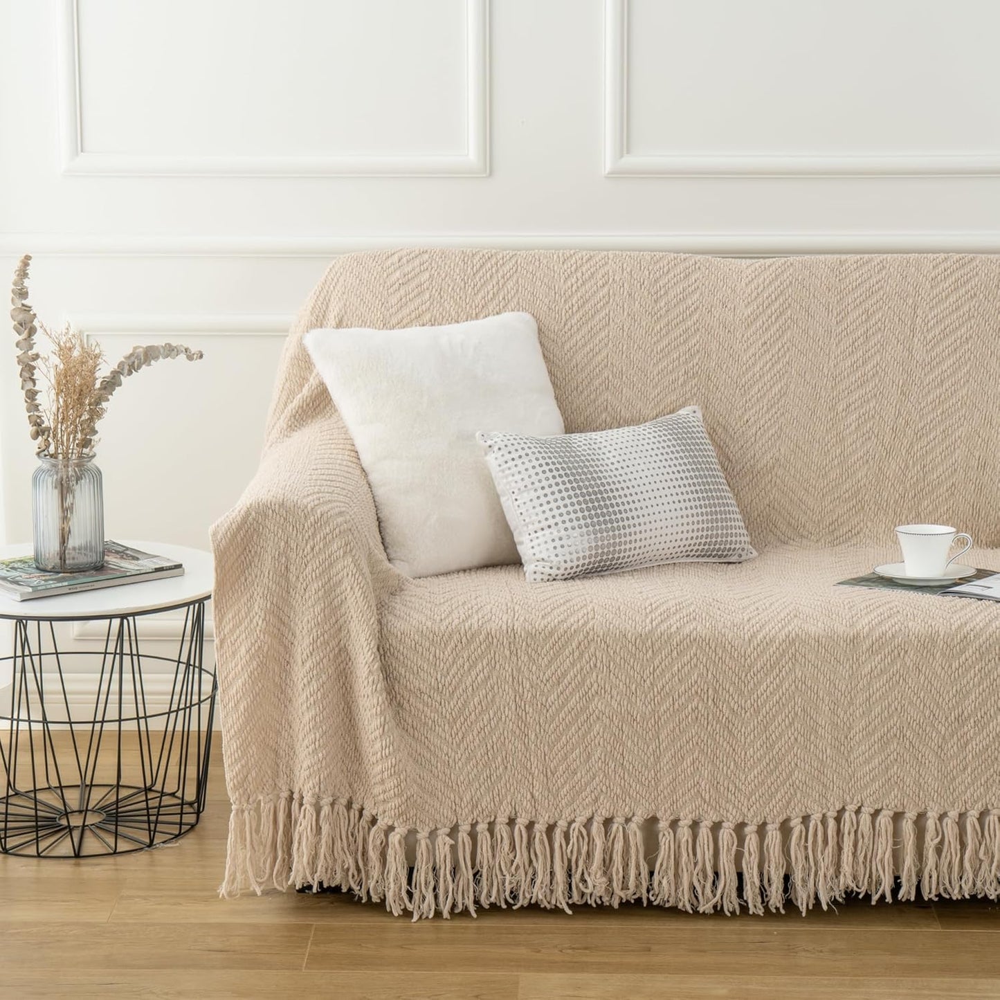 Beige Throw Blanket for Couch, Knitted Beige Blanket for Bed, Neutral Throw Blanket Tan Throw Blanket for Room Decor Housewarming Gifts, 50" X 60"