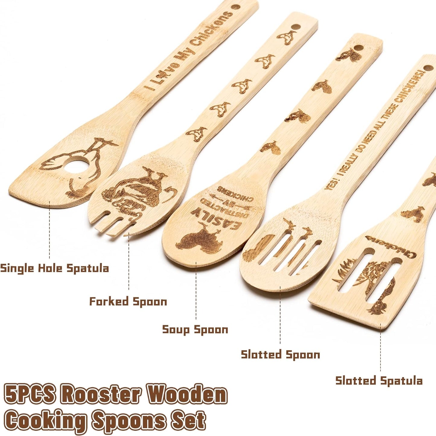 5Pcs Rooster Chicken Wooden Spoons Utensils Set Non-Stick Cooking Carve Burned
