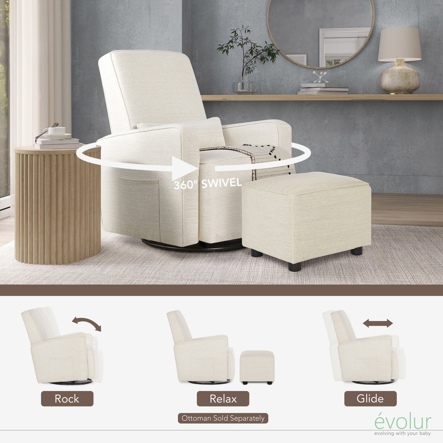 Holland Upholstered Swivel Glider | Rocker I Included Lumbar Pillow I Modern Design, Thunder