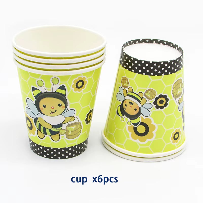 6Pcs Cartoon Bumble Bee Party Disposable Tableware Cups Plates Hats Straw Birthday Party Decorations Kids for 6 Person