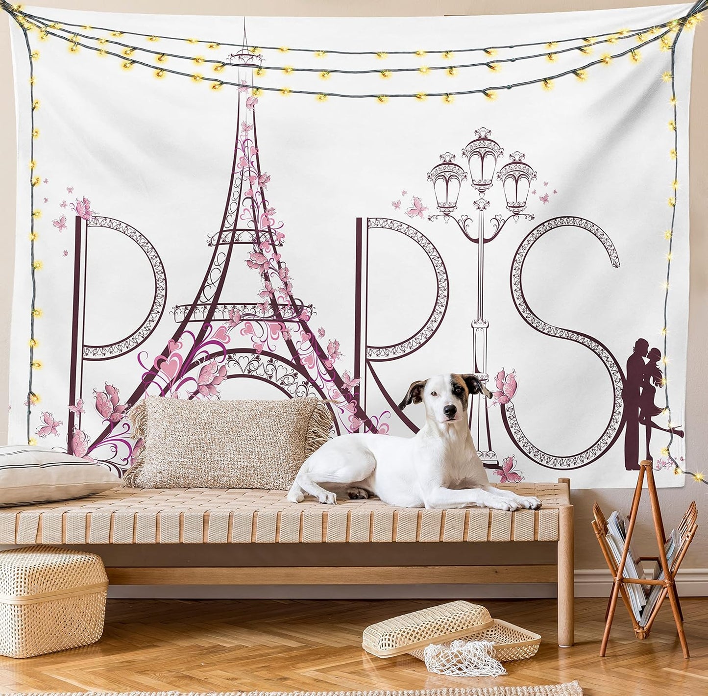 Paris Tapestry King Size, Tower Eiffel Lettering Couple Trip Flowers Floral Design European Print, Wall Hanging Bedspread Bed Cover Wall Decor, King Size, Pink Plum