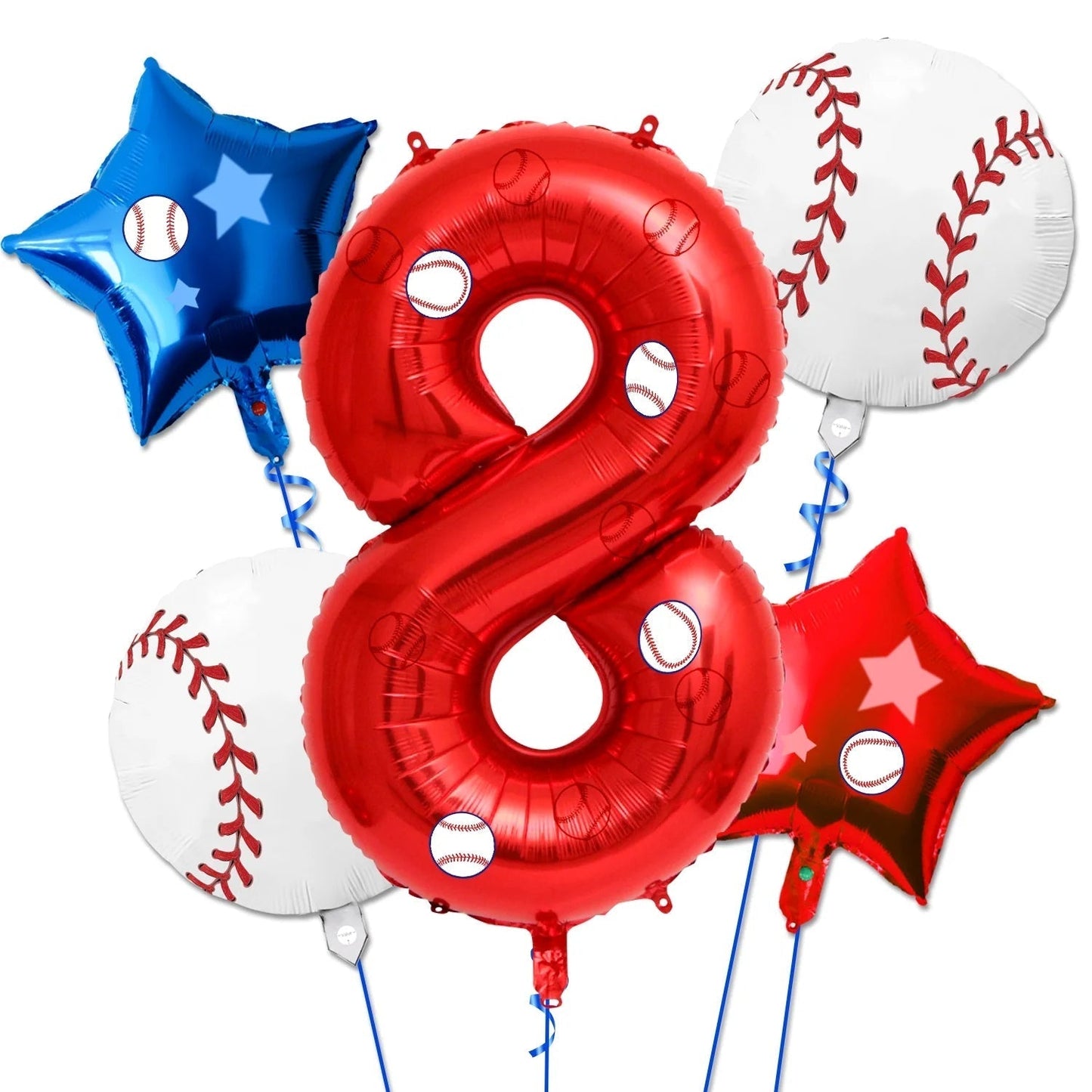 5 Pcs Baseball Balloons Set - Includes Baseball Foil Balloons, Number4 Balloon, Blue Red Star Balloons, Baseball Stickers for Baseball Party Supplies