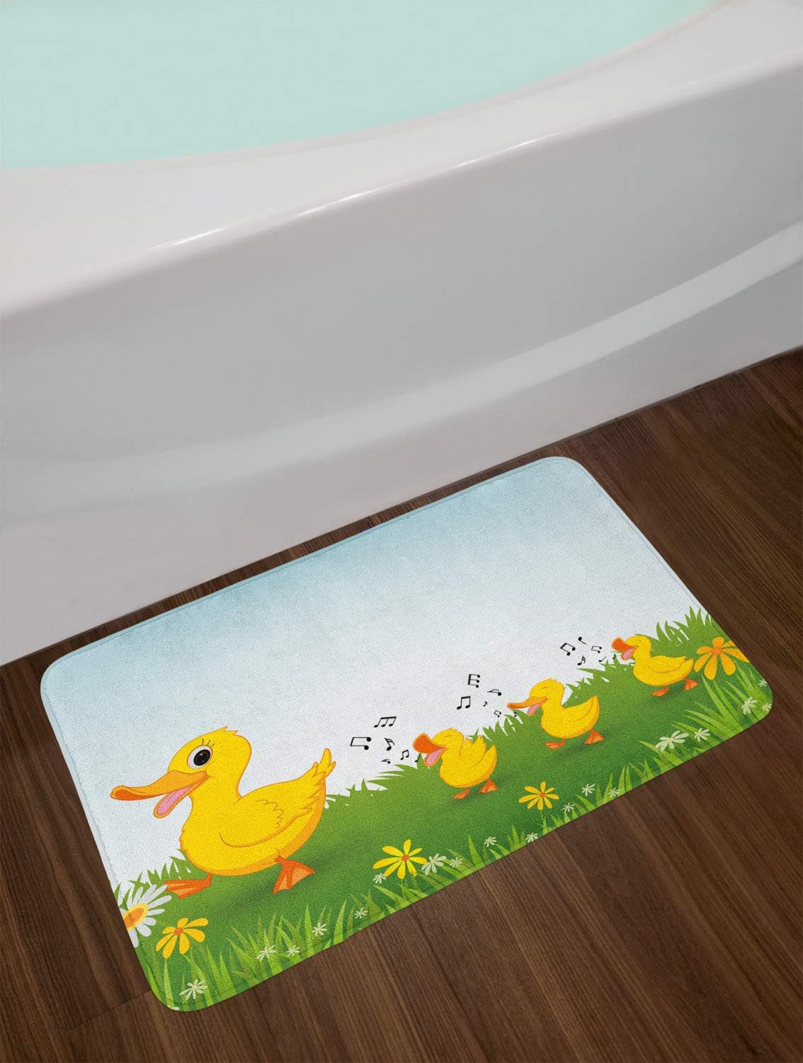 Cartoon Bath Mat, Mother Duck Walking and Singing on the Meadow Flowers, Plush Bathroom Decor Mat with Non Slip Backing, 30.2" X 20", Pale Blue Mustard