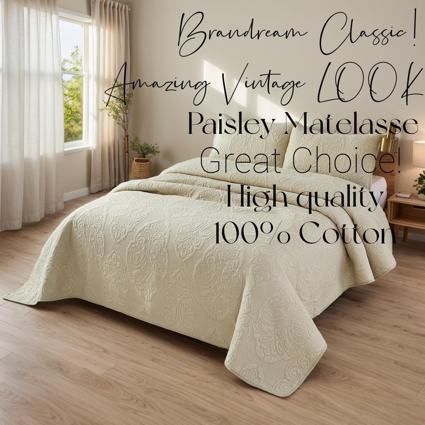 Queen Size Quilt Set Cotton Beige Quilted Comforter Set Luxury Paisley Matelasse Coverlet Set 3-Piece