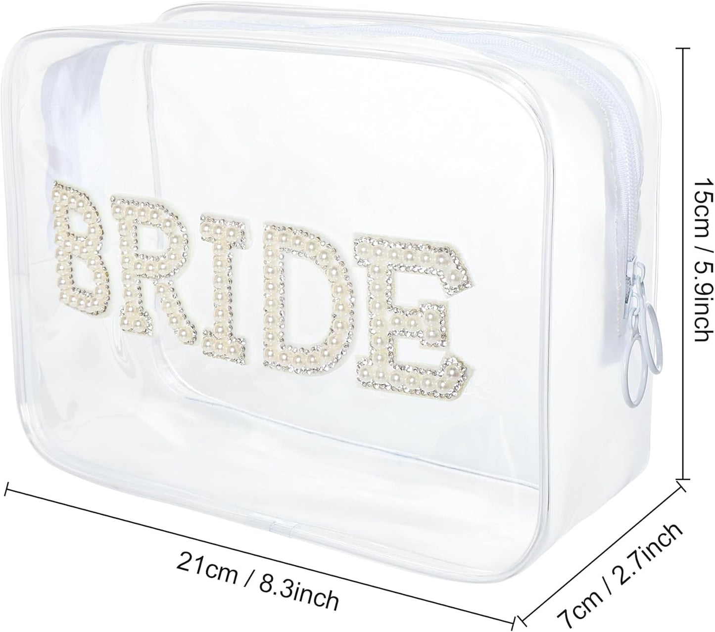 Bride Clear Makeup Bag, PVC Cosmetic Bag Pearl Rhinestone Patch Bride Toiletry Bag Makeup Pouch with Zipper Bridal Shower Gift