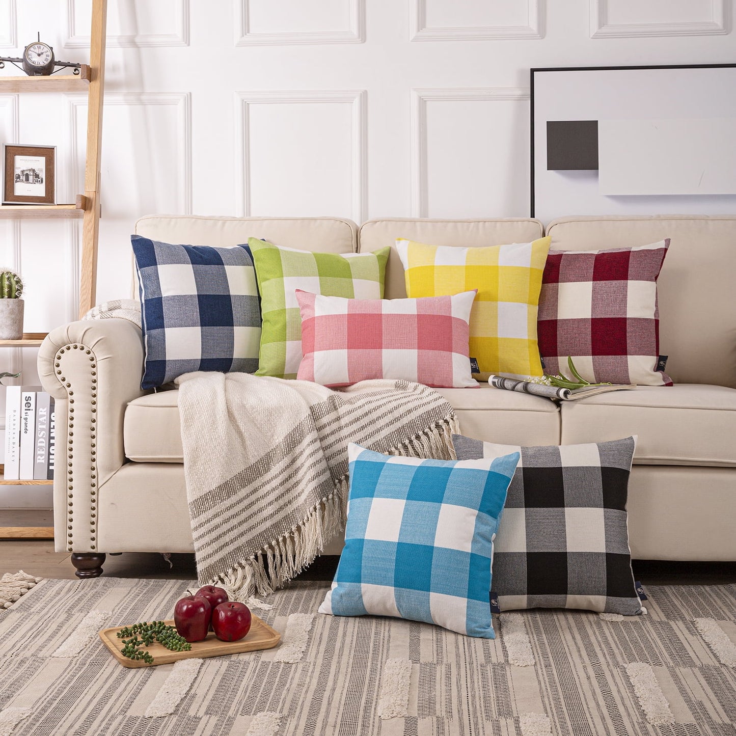 Buffalo Checker Plaid Farmhouse Summer Square Decorative Throw Pillow for Couch, 12" X 20", Blue/White, 2 Pack