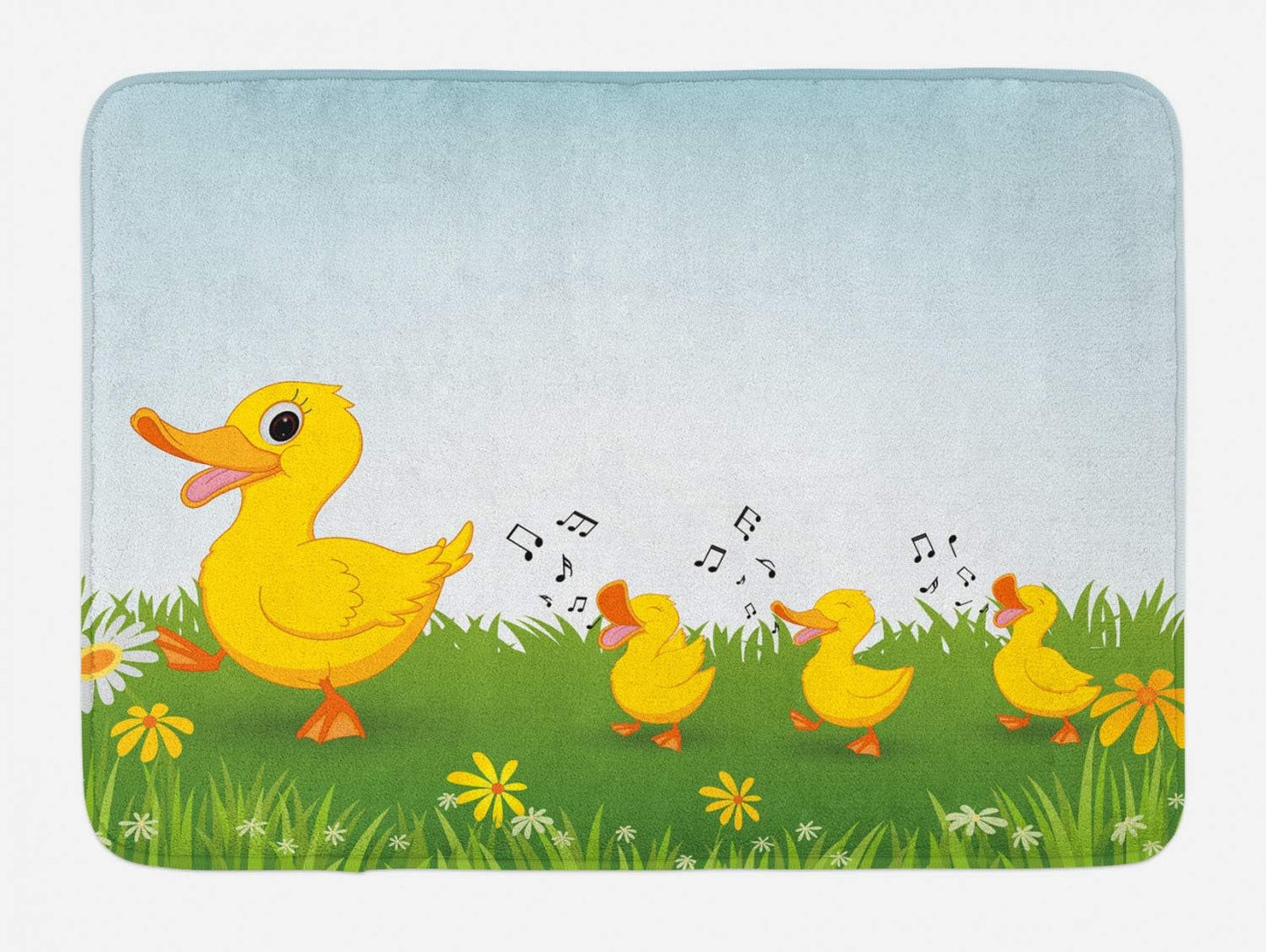 Cartoon Bath Mat, Mother Duck Walking and Singing on the Meadow Flowers, Plush Bathroom Decor Mat with Non Slip Backing, 30.2" X 20", Pale Blue Mustard