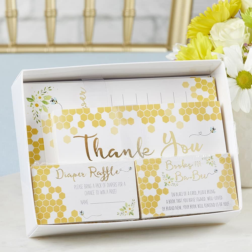 Sweet as Can Bee Baby Shower Invitation & Thank You Card Bundle (Set of 25), Invitations, Envelopes, Thank You Post Cards, Diaper Raffle Cards, Books for Baby Cards